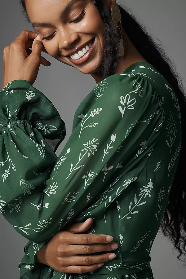 Anthropologie Hutch Long-Sleeve V-Neck Wrap Maxi Dress Green Pattern