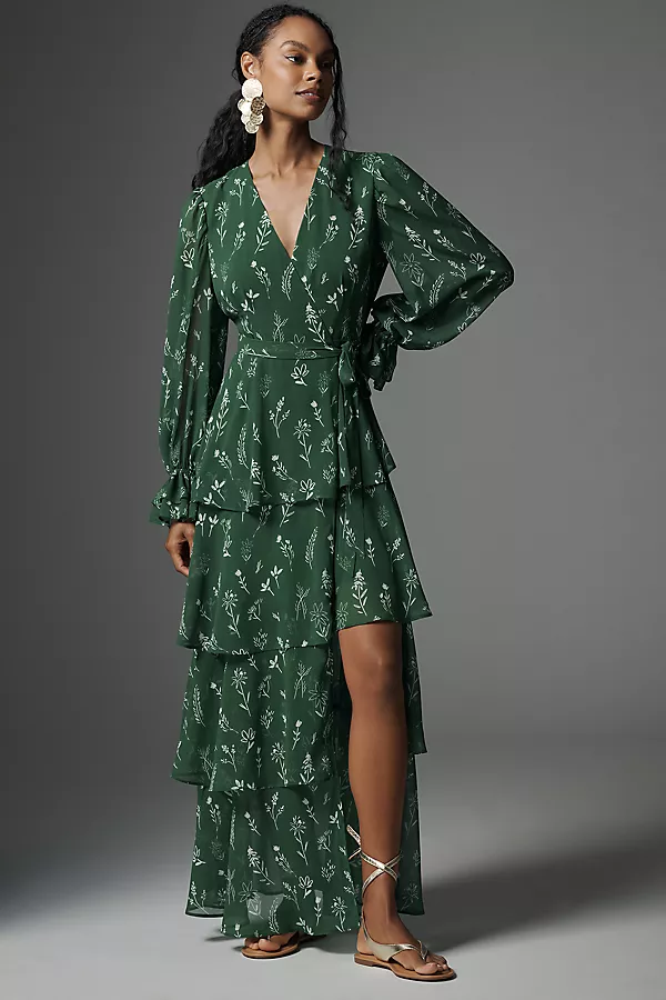 anthropologie Hutch Long-Sleeve V-Neck Wrap Maxi Dress Green Pattern