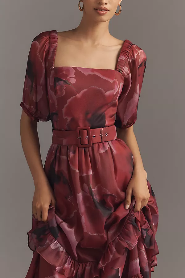 Anthropologie Hutch Puff-Sleeve Square-Neck Belted Tiered Ruffled Maxi Dress Fuchsia Exploded Floral