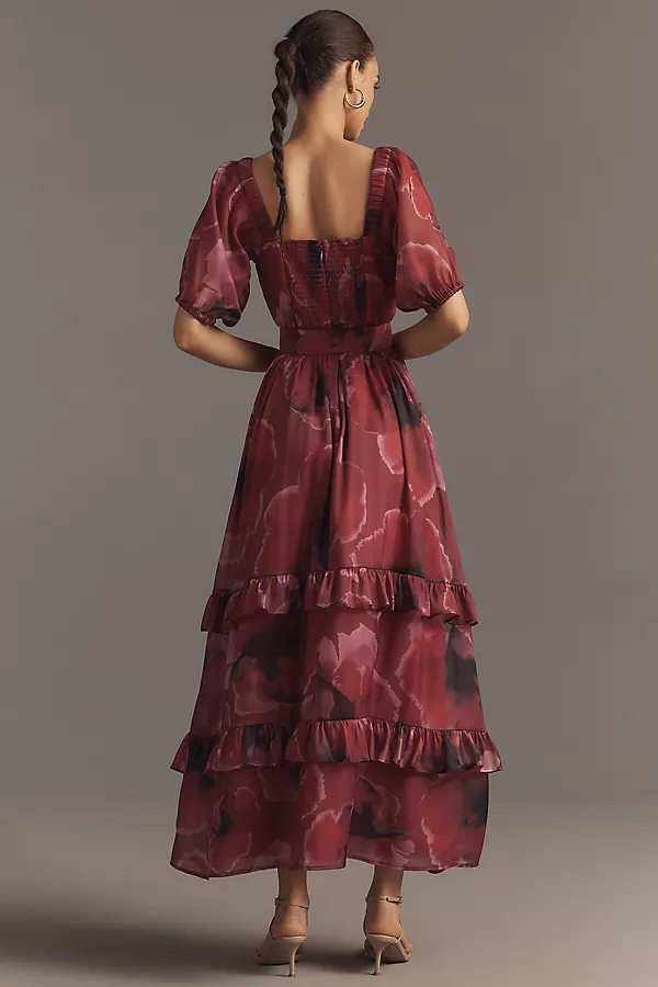 Anthropologie Hutch Puff-Sleeve Square-Neck Belted Tiered Ruffled Maxi Dress Fuchsia Exploded Floral