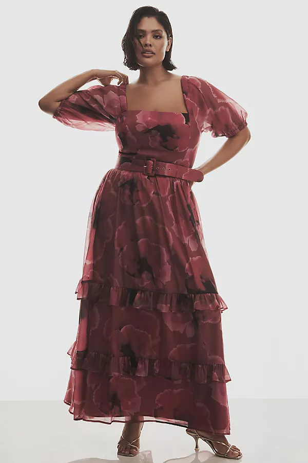 Anthropologie Hutch Puff-Sleeve Square-Neck Belted Tiered Ruffled Maxi Dress Fuchsia Exploded Floral
