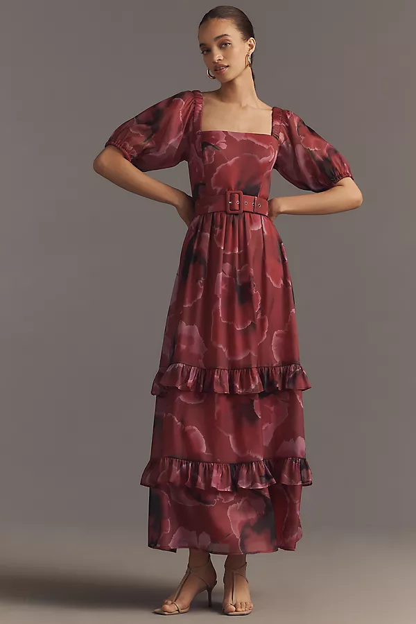 anthropologie Hutch Puff-Sleeve Square-Neck Belted Tiered Ruffled Maxi Dress Fuchsia Exploded Floral