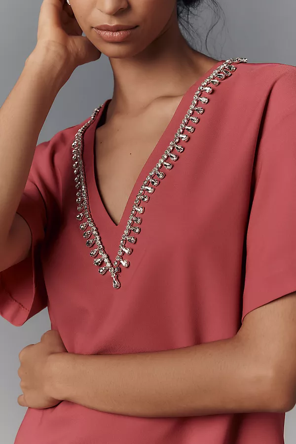 Anthropologie Hutch Rhinestone V-Neck T-Shirt Dress FUCHSIA