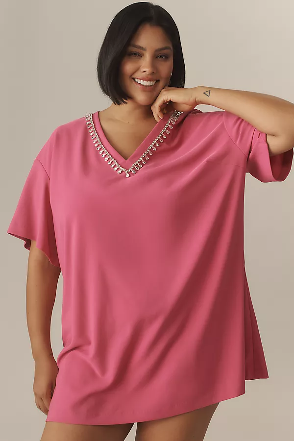 Anthropologie Hutch Rhinestone V-Neck T-Shirt Dress FUCHSIA