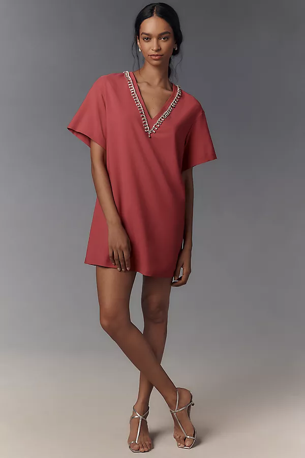 anthropologie Hutch Rhinestone V-Neck T-Shirt Dress FUCHSIA