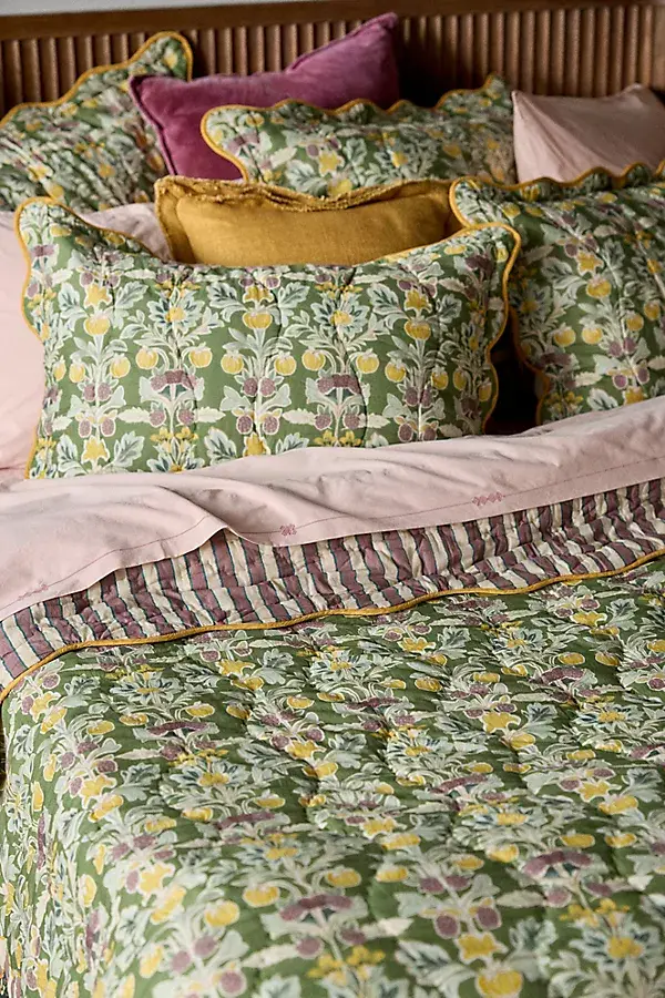 Anthropologie Iluka Cotton Printed Floral Quilt Green Pattern