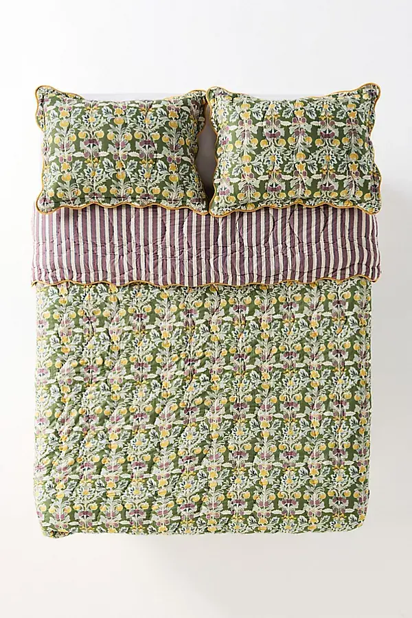 Anthropologie Iluka Cotton Printed Floral Quilt Green Pattern
