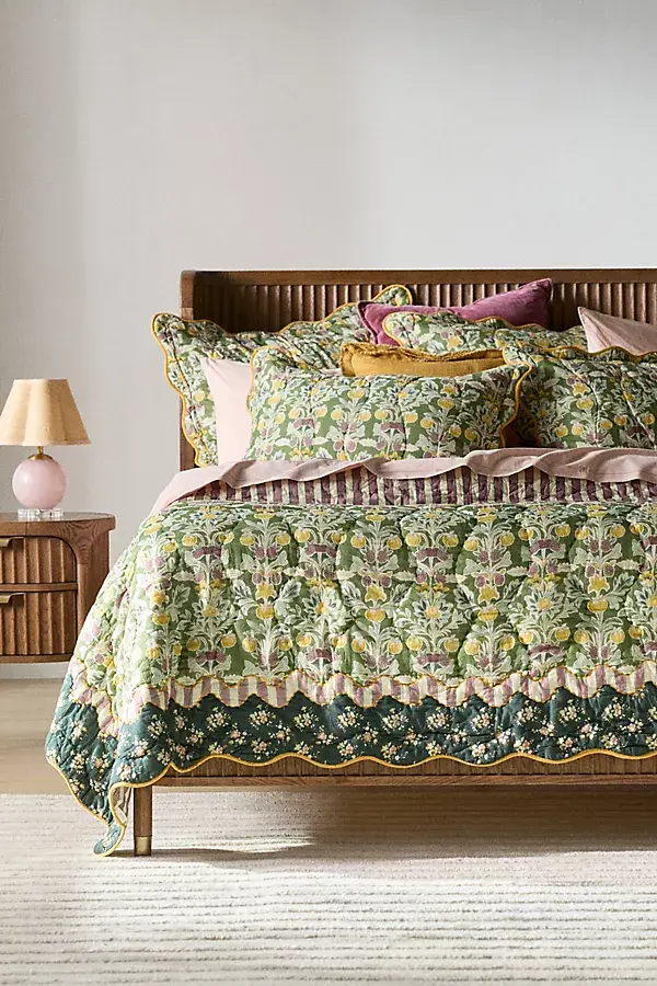 anthropologie Iluka Cotton Printed Floral Quilt Green Pattern