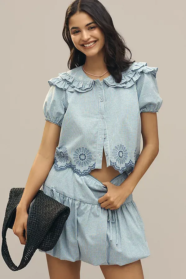 Anthropologie Jacquie The Label Beatrice Collared Blouse Blue & White