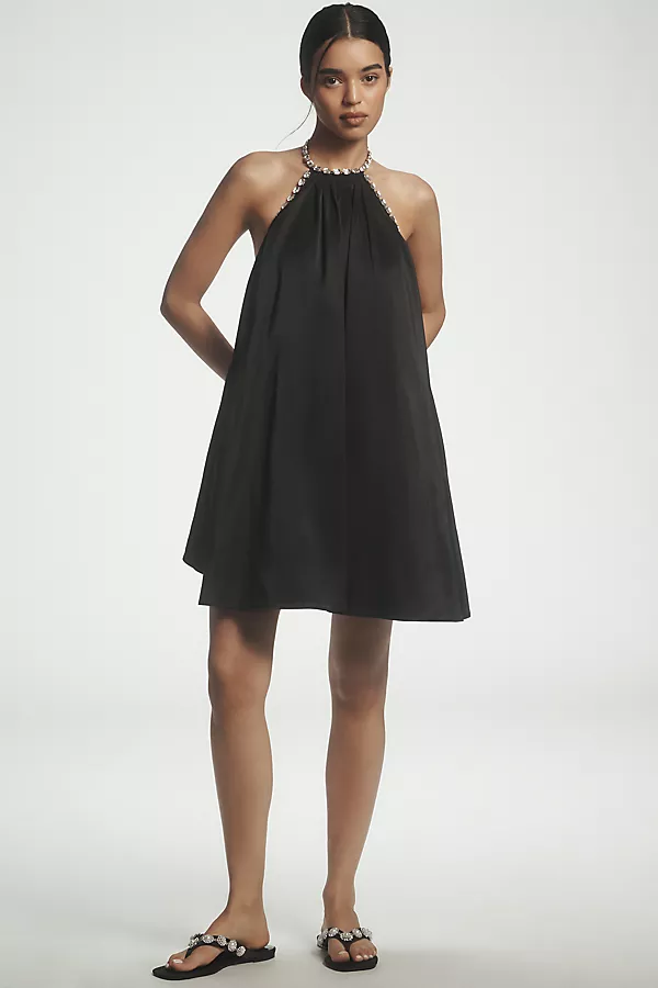 Anthropologie Jasmine Elaine Pleated Halter Mini Dress Black