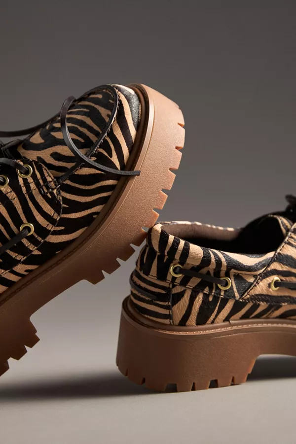 Anthropologie Jeffrey Campbell Crushed-T Lug Platform Boat Shoes Beige Brown Zebra