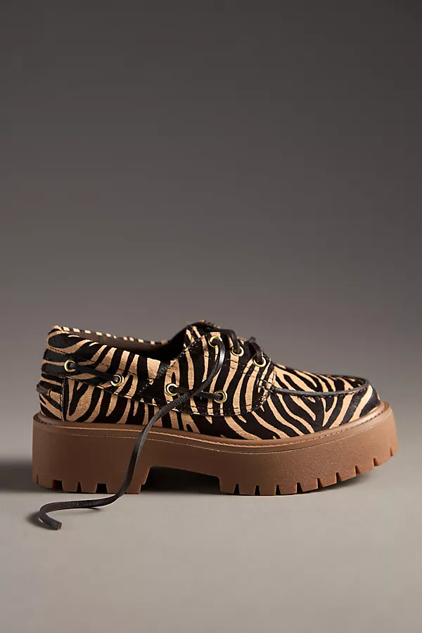 anthropologie Jeffrey Campbell Crushed-T Lug Platform Boat Shoes Beige Brown Zebra
