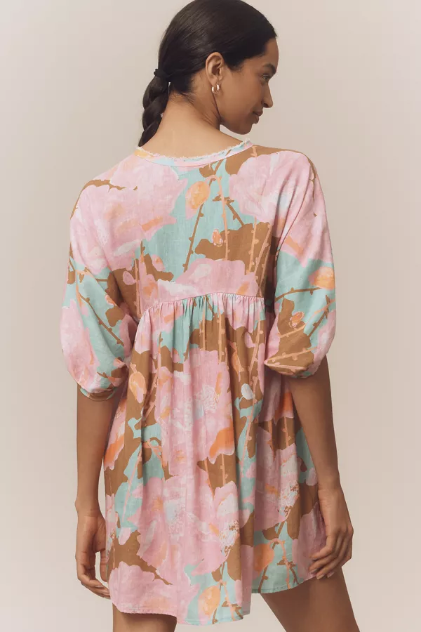 Anthropologie Lanhtropy Acala Linen Short-Sleeve Mini Dress Aquarela