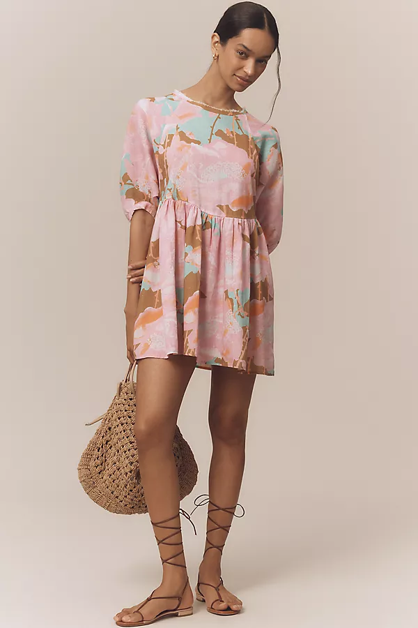 anthropologie Lanhtropy Acala Linen Short-Sleeve Mini Dress Aquarela