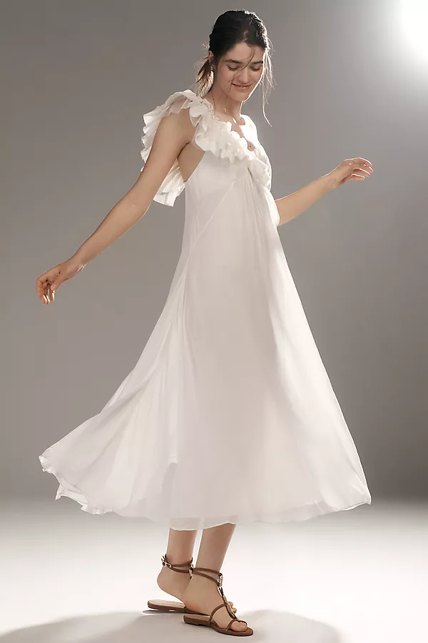 Anthropologie Let Me Be Asymmetrical 3D Floral Midi Dress White