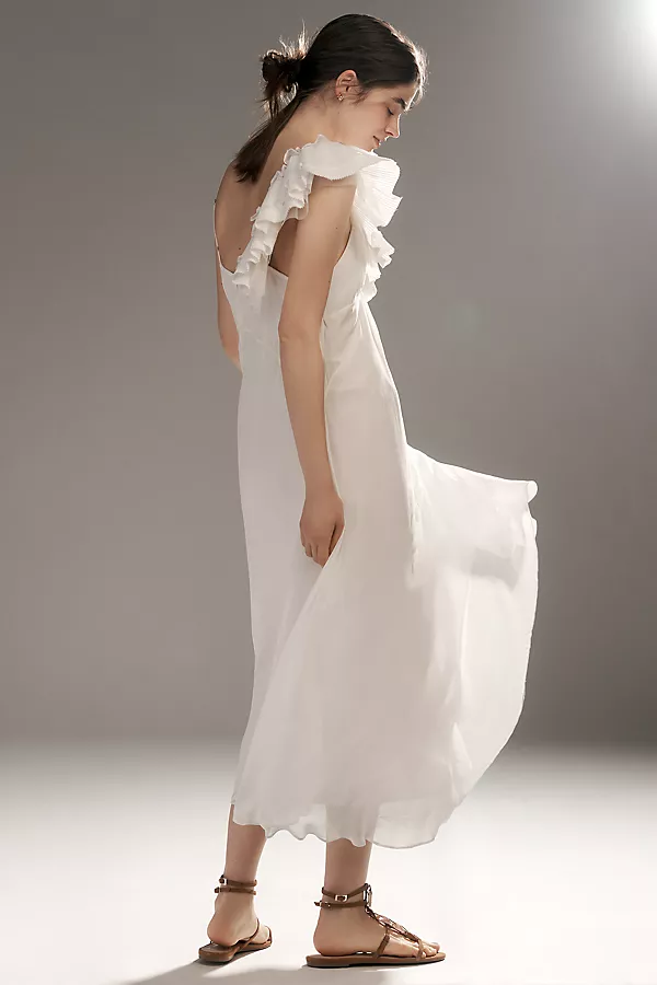 Anthropologie Let Me Be Asymmetrical 3D Floral Midi Dress White