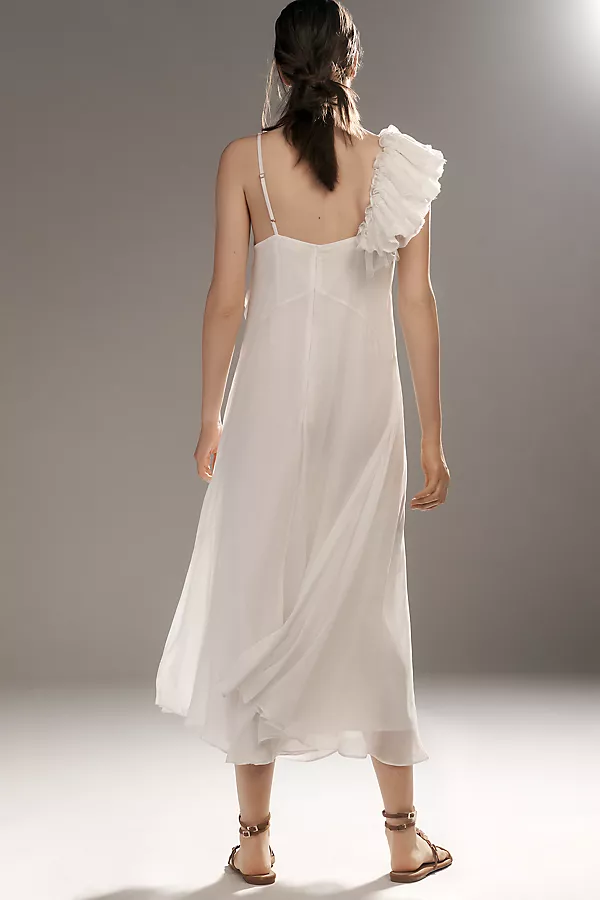 Anthropologie Let Me Be Asymmetrical 3D Floral Midi Dress White