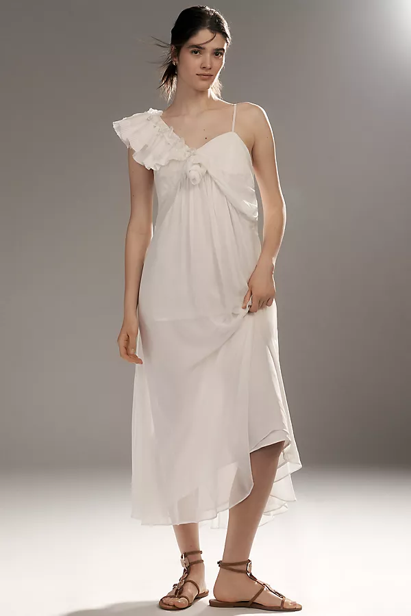 anthropologie Let Me Be Asymmetrical 3D Floral Midi Dress White