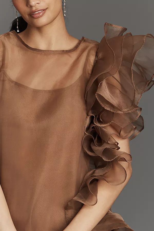 Anthropologie Let Me Be Asymmetrical Ruffle Midi Dress Taupe