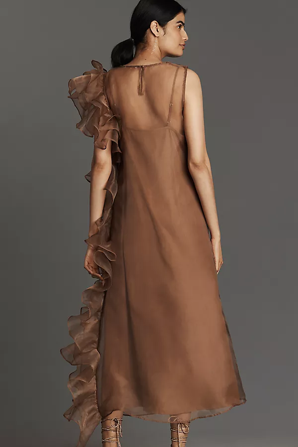 Anthropologie Let Me Be Asymmetrical Ruffle Midi Dress Taupe