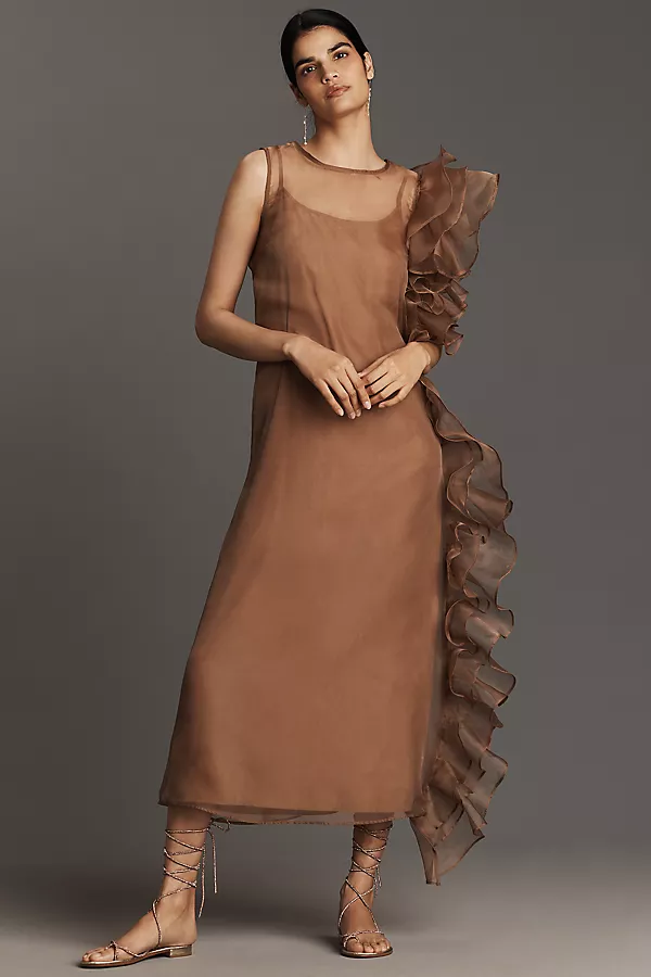 anthropologie Let Me Be Asymmetrical Ruffle Midi Dress Taupe anthropologie Let Me Be Asymmetrical Ruffle Midi Dress Taupe