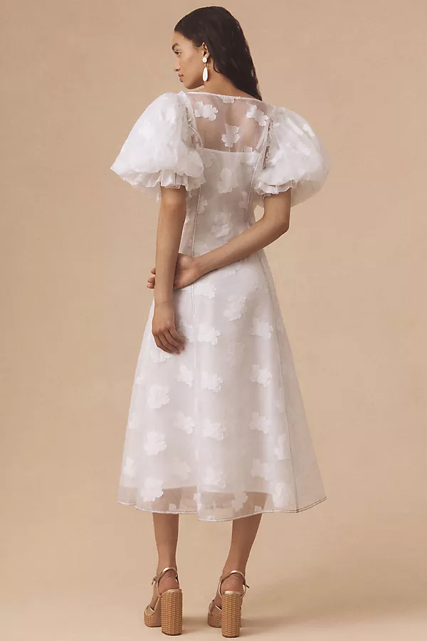 Anthropologie Let Me Be Puff-Sleeve Sheer Midi Dress White