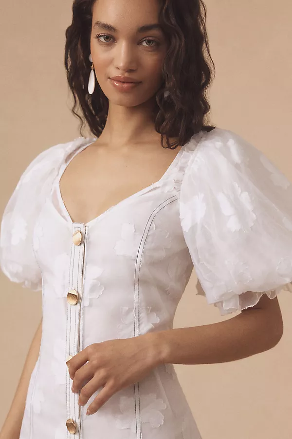 Anthropologie Let Me Be Puff-Sleeve Sheer Midi Dress White