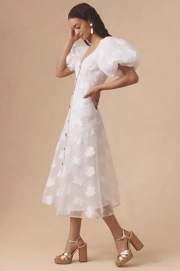 Anthropologie Let Me Be Puff-Sleeve Sheer Midi Dress White