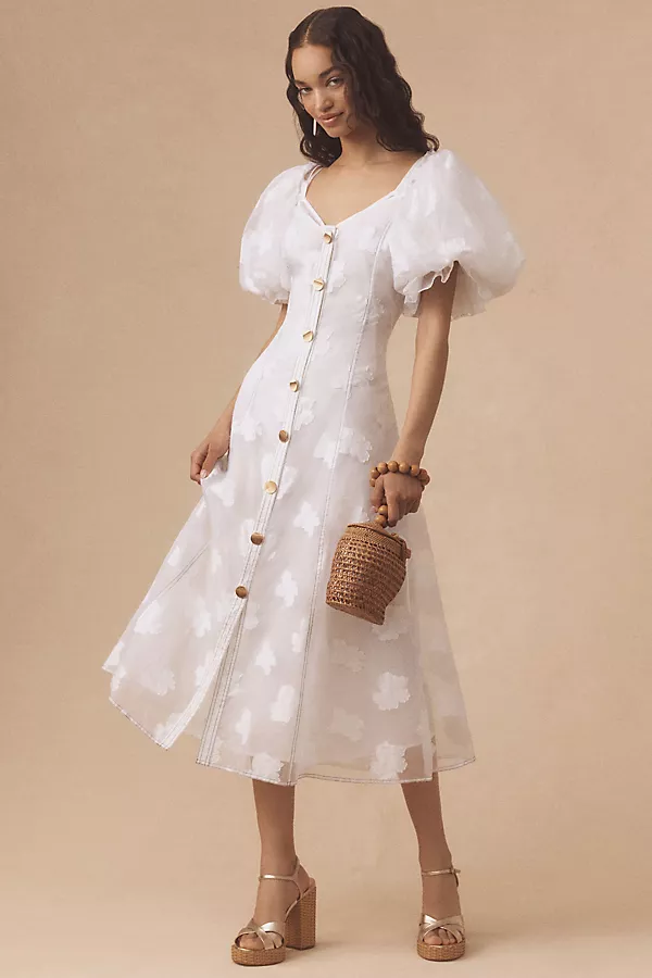 anthropologie Let Me Be Puff-Sleeve Sheer Midi Dress White