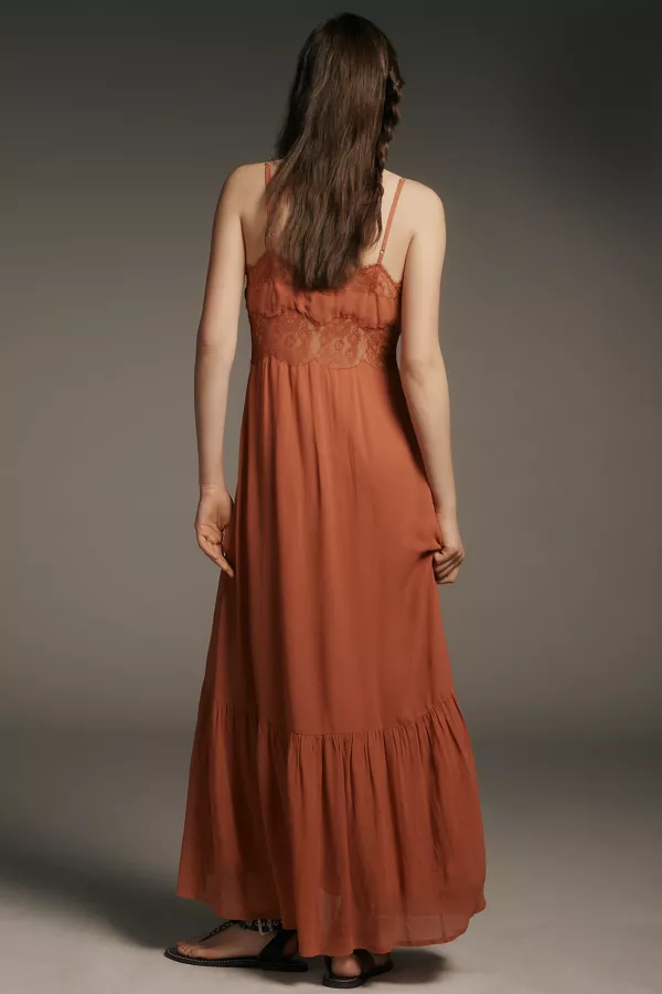 Anthropologie Let Me Be Sleeveless Cutout Maxi Slip Dress Brick