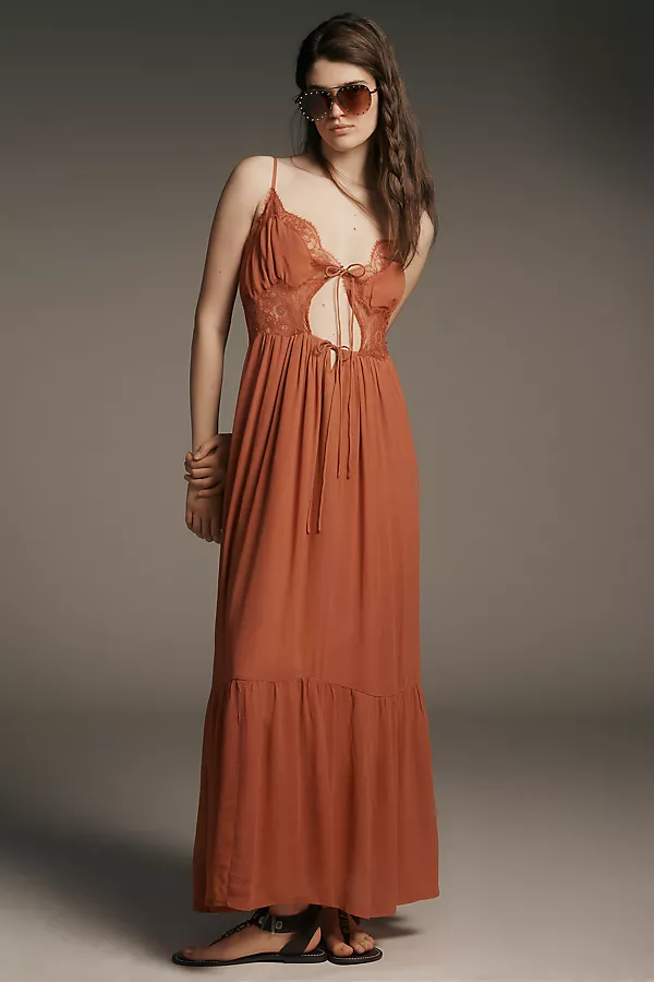 anthropologie Let Me Be Sleeveless Cutout Maxi Slip Dress Brick