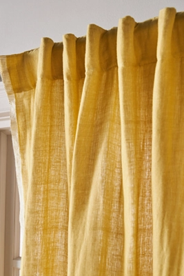 Anthropologie Linen Cotton Fringed Stripe Trim Curtain Maize