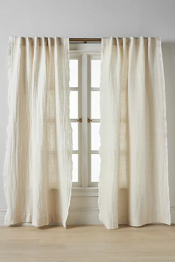 anthropologie Linen Cotton Fringed Stripe Trim Curtain Sand