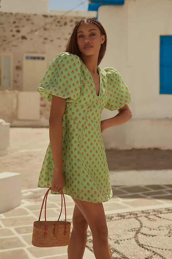 anthropologie Lovaan Adeline Linen Silk Blend Mini Dress Green Rosette