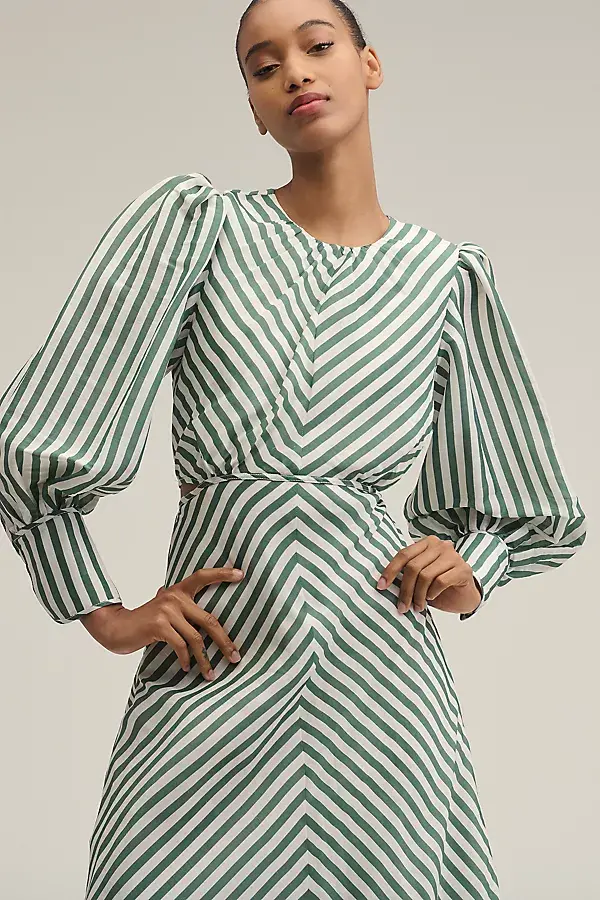 Anthropologie Lovaan Daisy Linen-Silk Long-Sleeve Maxi Dress Green Stripe