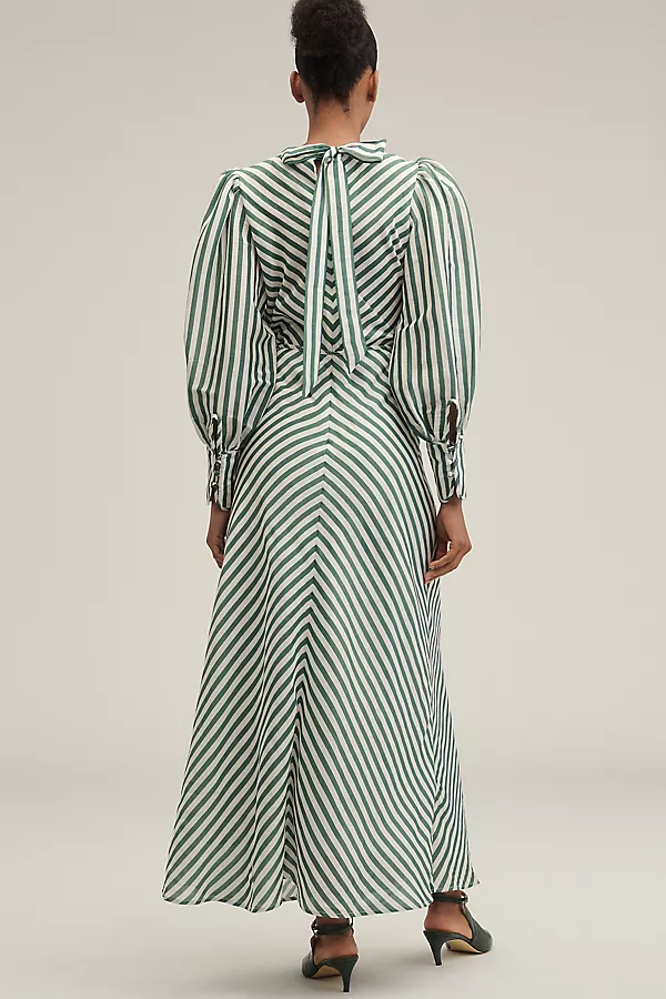 Anthropologie Lovaan Daisy Linen-Silk Long-Sleeve Maxi Dress Green Stripe