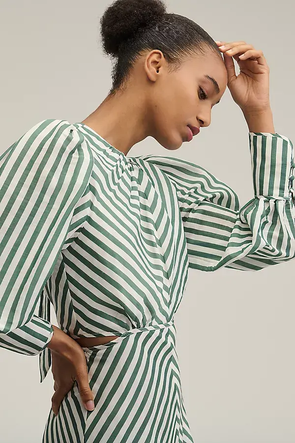 Anthropologie Lovaan Daisy Linen-Silk Long-Sleeve Maxi Dress Green Stripe