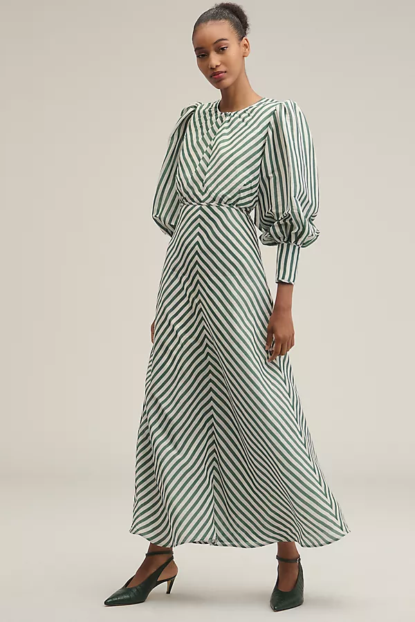 anthropologie Lovaan Daisy Linen-Silk Long-Sleeve Maxi Dress Green Stripe
