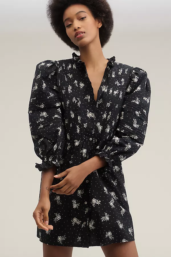 anthropologie Lovaan Kitty Puff-Sleeve Mini Dress Vintage Rose