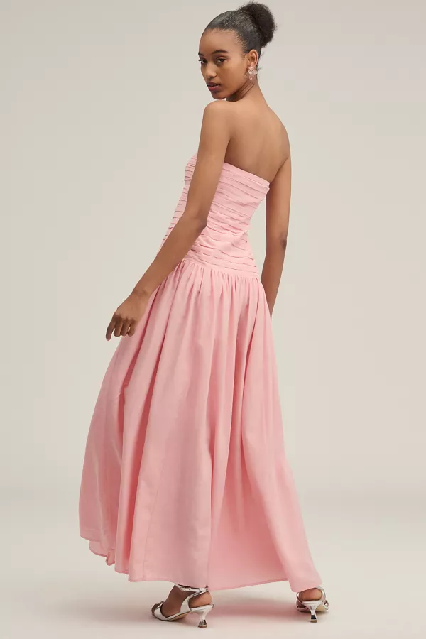 Anthropologie Lovaan Nancy Strapless Linen-Silk Drop-Waist Maxi Dress Pink