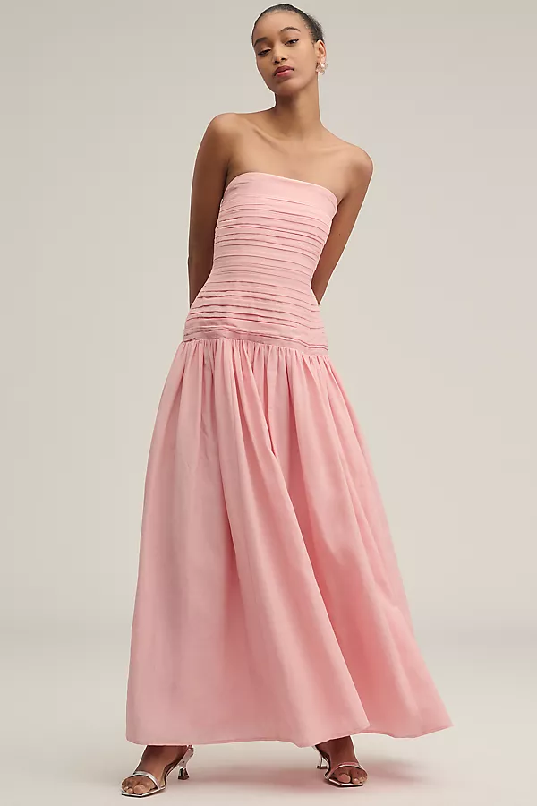 anthropologie Lovaan Nancy Strapless Linen-Silk Drop-Waist Maxi Dress Pink