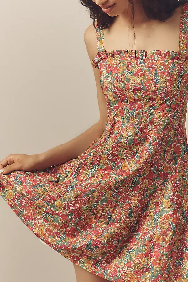 Anthropologie Love The Label Cally Sleeveless Ruffle-Trim Mini Dress Green Pattern