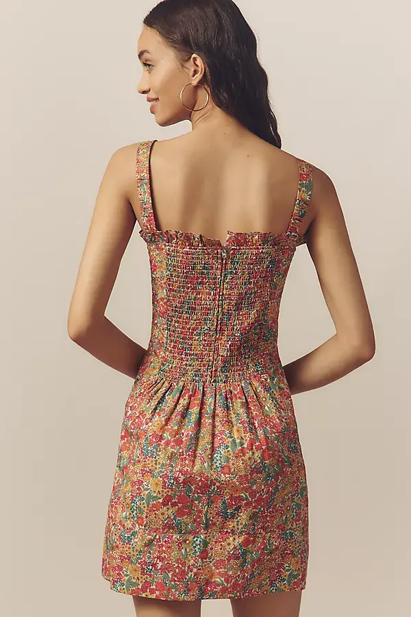 Anthropologie Love The Label Cally Sleeveless Ruffle-Trim Mini Dress Green Pattern
