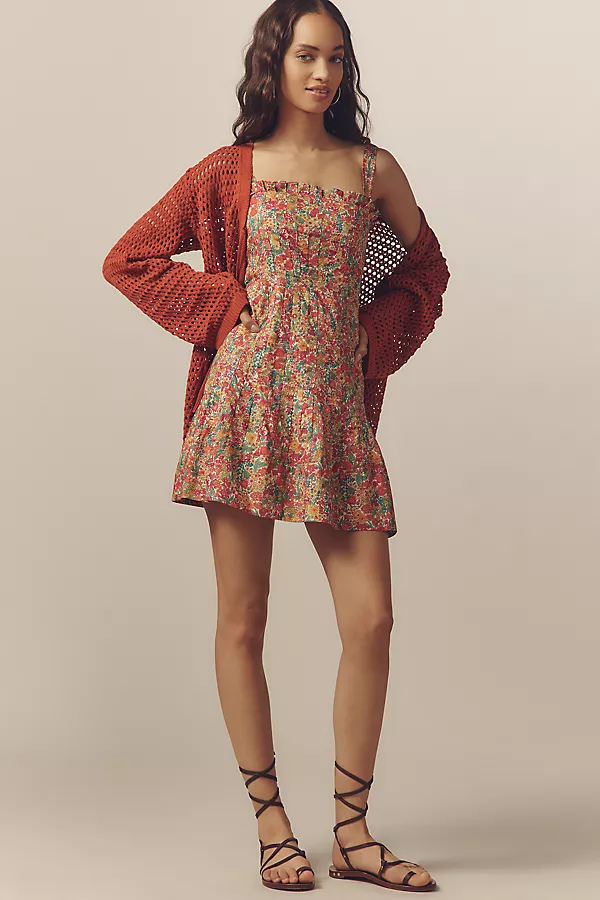 Anthropologie Love The Label Cally Sleeveless Ruffle-Trim Mini Dress Green Pattern