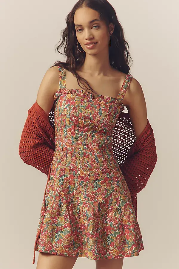 anthropologie Love The Label Cally Sleeveless Ruffle-Trim Mini Dress Green Pattern