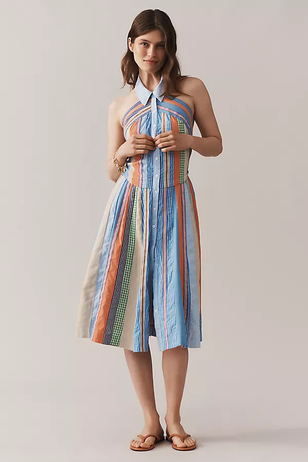 anthropologie Maeve Collared Halter Shirt Dress Colorblock Mix