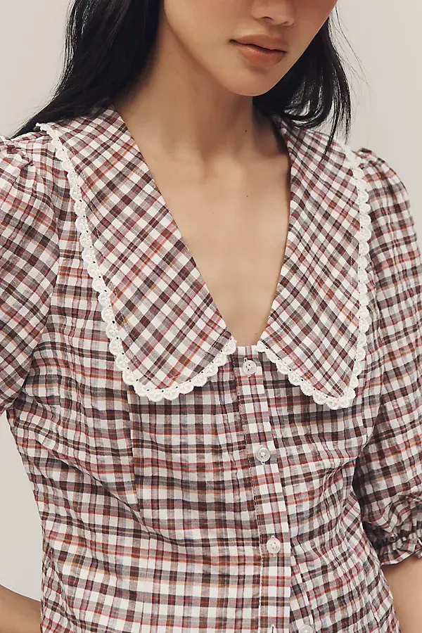 Anthropologie Maeve Collared Puff-Sleeve Blouse Brown Plaid
