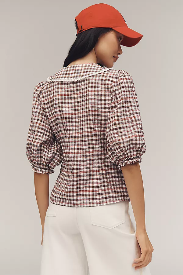 Anthropologie Maeve Collared Puff-Sleeve Blouse Brown Plaid