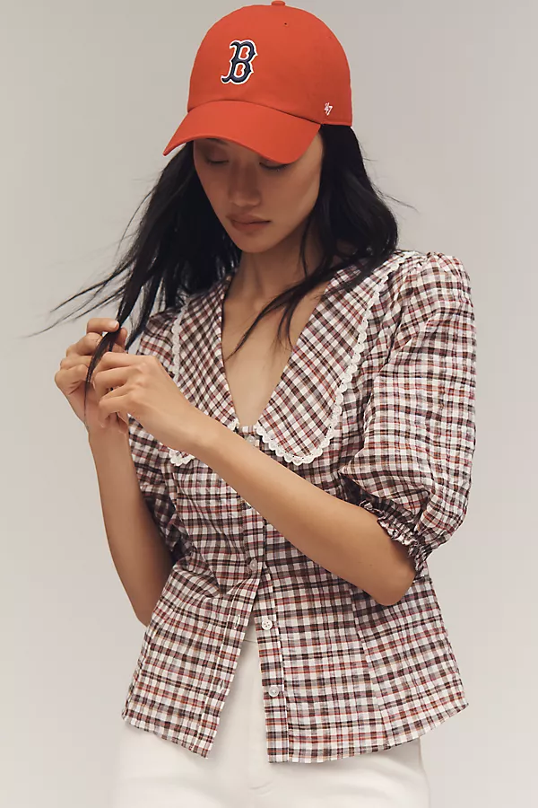 anthropologie Maeve Collared Puff-Sleeve Blouse Brown Plaid