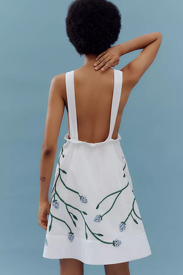 Anthropologie Maeve Cotton Sleeveless V-Neck Mini Babydoll Strawberry Dress White Dahlia